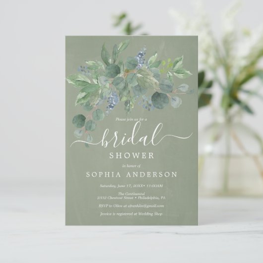 Dusty Blue Eucalyptus Bridal Einladungen (Stehend Vorderseite)