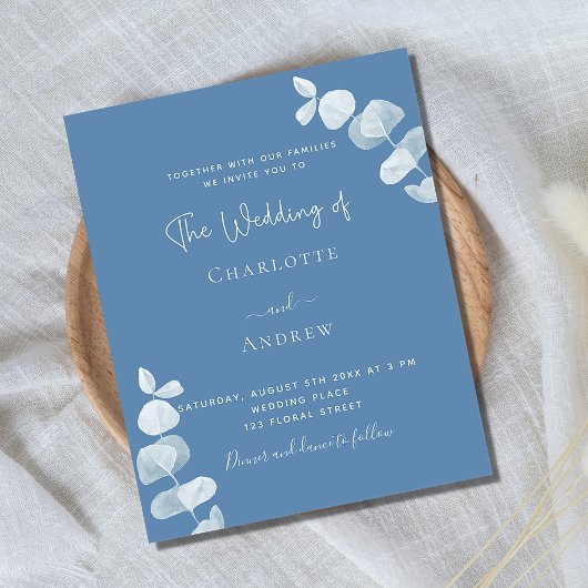 Dusty blue eucalyptus Budget Hochzeitseinladung