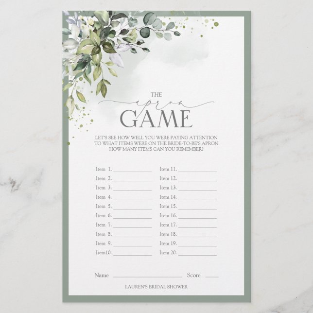 Dusty Blue Eucalyptus Floral Brautparty Game (Vorderseite)