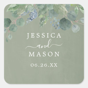 Dusty Blue Eucalyptus Gastgeschenk Hochzeit Sticke Quadratischer Aufkleber