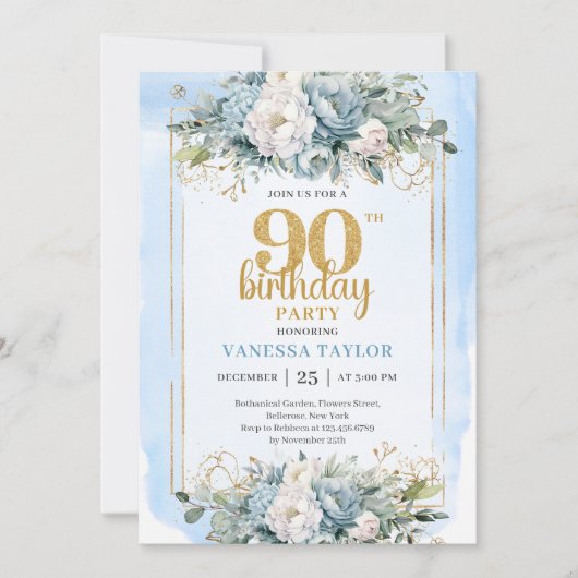 Dusty Blue Eucalyptus Gold 90th Birthday Milestone Einladung (Vorderseite)