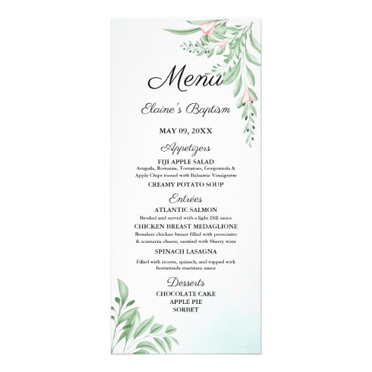 Dusty Blue Eucalyptus Greenerity Baptism Menu Card Werbekarte (Vorne)