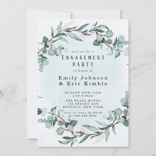 Dusty Blue Eucalyptus Greenerity Engagement Party Einladung (Vorderseite)