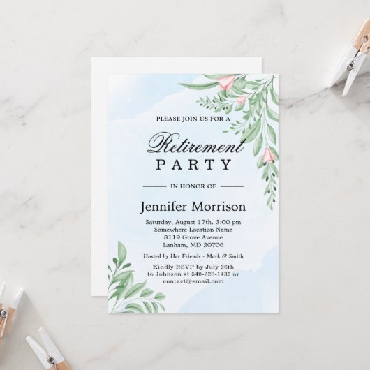 Dusty Blue Eucalyptus Greenerity Retirement Party Einladung (Vorderseite/Rückseite Beispiel)