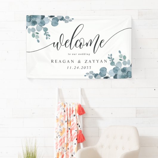 Dusty Blue Eucalyptus Greenerity Wedding Willkomme Banner (Insitu)