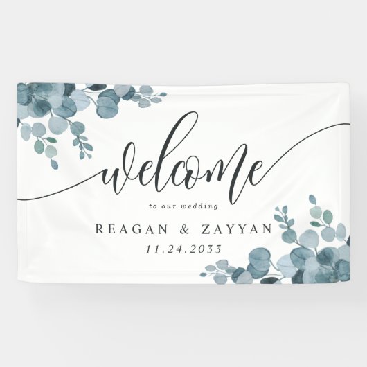 Dusty Blue Eucalyptus Greenerity Wedding Willkomme Banner (Horizontal)