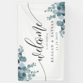 Dusty Blue Eucalyptus Greenerity Wedding Willkomme Banner (Vertikal)