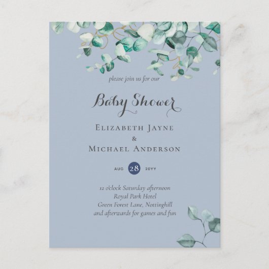 Dusty Blue Eucalyptus Greenery BABY SHOWER lädt ei Postkarte (Vorderseite)