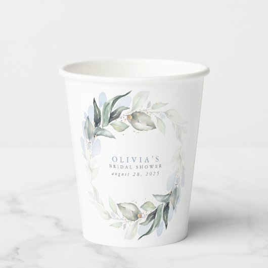 Dusty Blue Eucalyptus Greenery Boho Brautparty Pappbecher (Rückseite)