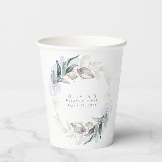Dusty Blue Eucalyptus Greenery Boho Brautparty Pappbecher (Rückseite)