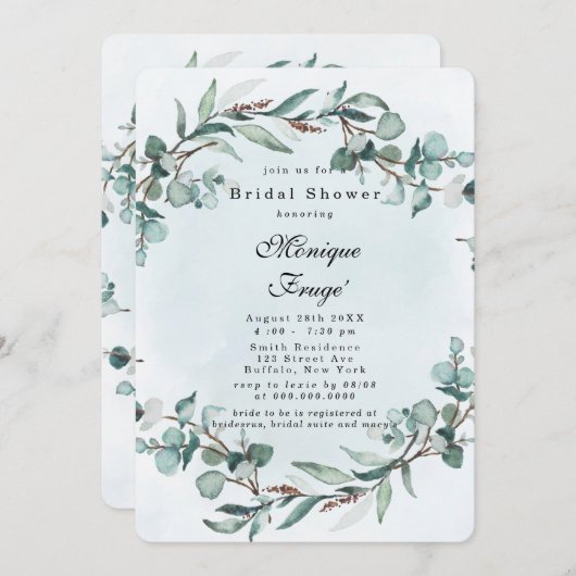 Dusty Blue Eucalyptus Greenery Brautparty Einladung (Vorne/Hinten)