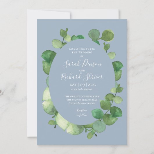 Dusty Blue Eucalyptus Greenery Floral Wedding Einladung (Vorderseite)