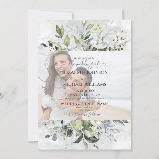 Dusty Blue Eucalyptus Greenery Marble Foto Einladung (Vorderseite)