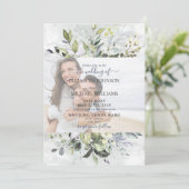 Dusty Blue Eucalyptus Greenery Marble Foto Einladung (Stehend Vorderseite)