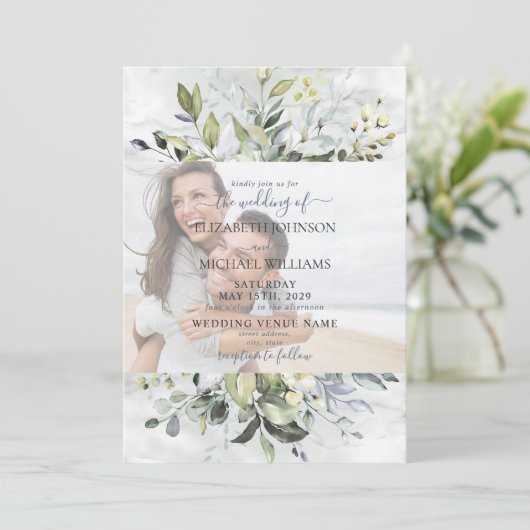 Dusty Blue Eucalyptus Greenery Marble Foto Einladung (Stehend Vorderseite)