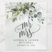 Dusty Blue Eucalyptus Greenery Mr. and Mrs Wedding Weinetikett (Einzelnes Label)