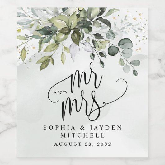 Dusty Blue Eucalyptus Greenery Mr. and Mrs Wedding Weinetikett (Einzelnes Label)