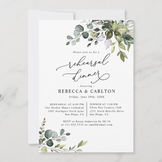 Dusty Blue Eucalyptus Greenery Probe Dinner Einladung (Vorderseite)