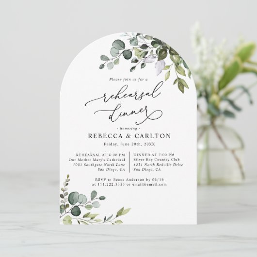 Dusty Blue Eucalyptus Greenery Probe Dinner Einladung (Stehend Vorderseite)