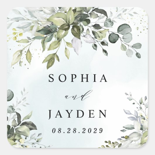 Dusty Blue Eucalyptus Greenery Succulent Wedding Quadratischer Aufkleber (Vorderseite)