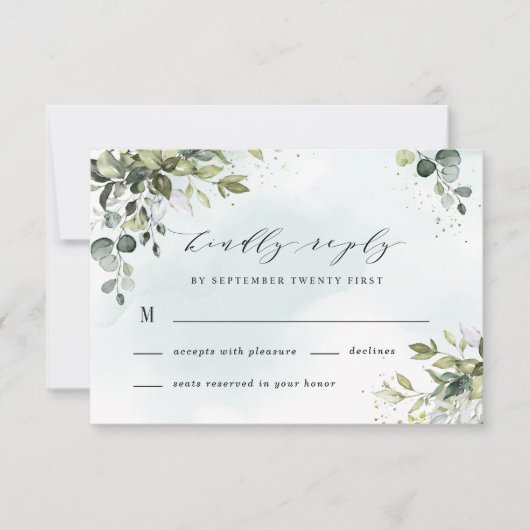 Dusty Blue Eucalyptus Greenery Succulent Wedding RSVP Karte (Vorderseite)