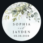 Dusty Blue Eucalyptus Greenery Succulent Wedding Runder Aufkleber<br><div class="desc">Dieses Design ist mit zwei verschiedenen staubigen Blautönen erhältlich. Eine Option ist ungerechter als die andere und neigt zu einem grau-staubigen Blau. Dieser, den Sie gerade sehen, neigt sich mehr zu Blau für die Aquarellspritzungen. Vergleichen Sie jede Vorschau auf dem Bildschirm für ein perfektes Spiel, wenn es um Ihren Hochzeitsschatten...</div>