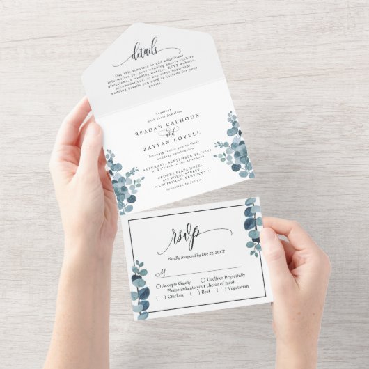 Dusty Blue Eucalyptus Greenery Wedding All In One Einladung (Abreißen)