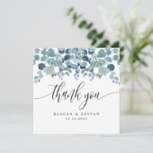 Dusty Blue Eucalyptus Greenery Wedding Dankeskarte (Stehend Vorderseite)