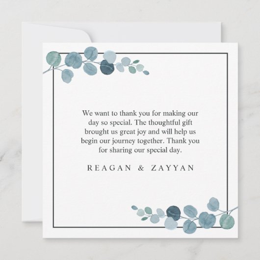 Dusty Blue Eucalyptus Greenery Wedding Dankeskarte (Rückseite)