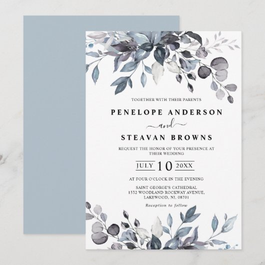 Dusty Blue Eucalyptus Greenery Wedding Einladung (Vorne/Hinten)