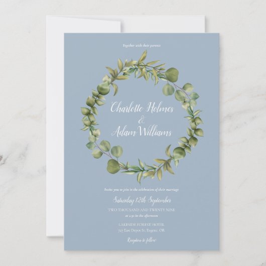 Dusty Blue Eucalyptus Greenery Wedding Foto Einladung (Vorderseite)