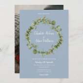 Dusty Blue Eucalyptus Greenery Wedding Foto Einladung (Vorne/Hinten)