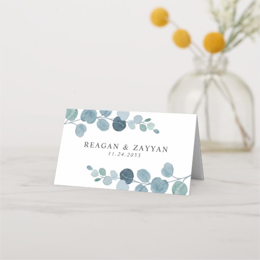 Dusty Blue Eucalyptus Greenery Wedding Platzkarte (Rückseite)