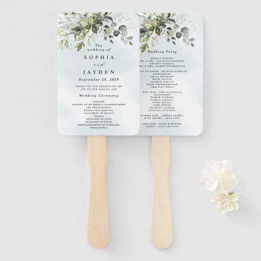 Dusty Blue Eucalyptus Greenery Wedding Programs Fächer (Vorne und Hinten)