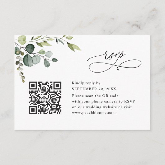 Dusty Blue Eucalyptus Greenery Wedding QR Code RSVP Karte (Vorderseite)