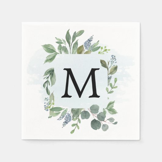 Dusty Blue Eucalyptus Monogram Cocktail Napkin Serviette (Vorderseite)