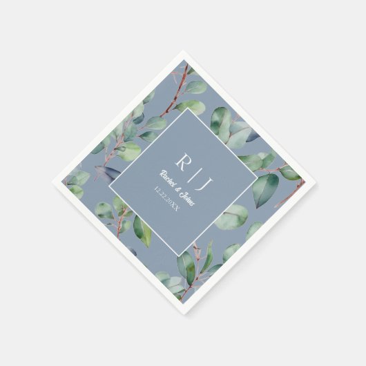 Dusty Blue Eucalyptus Monogram Greenerity Wedding Serviette (Ecke)