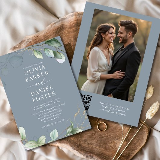 Dusty Blue Eucalyptus QR Code Foto Wedding Einladung