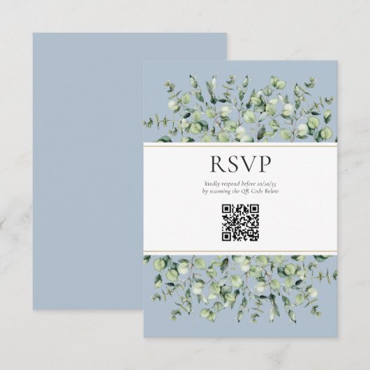 Dusty Blue Eucalyptus QR Code Wedding RSVP Begleitkarte (Vorne/Hinten)