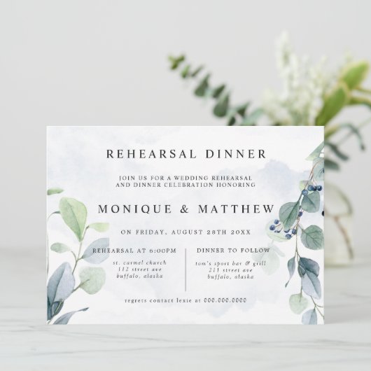 Dusty Blue Eucalyptus Rustikale Probe Abendessen Einladung (Stehend Vorderseite)