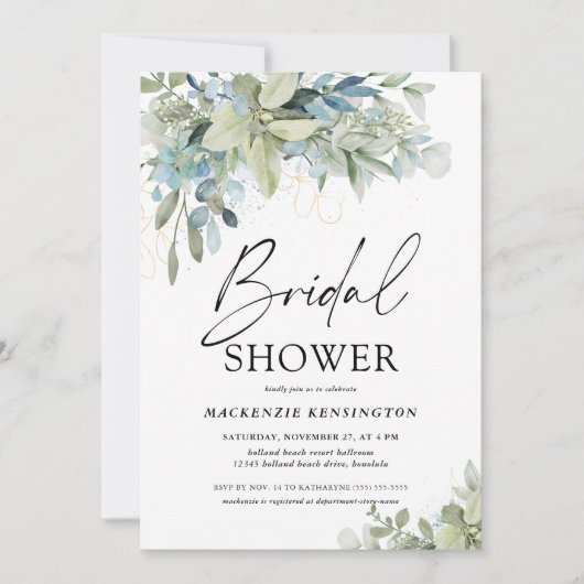 Dusty Blue Eucalyptus Script-Brautparty Einladung (Vorderseite)