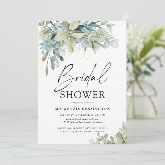 Dusty Blue Eucalyptus Script-Brautparty Einladung (Stehend Vorderseite)