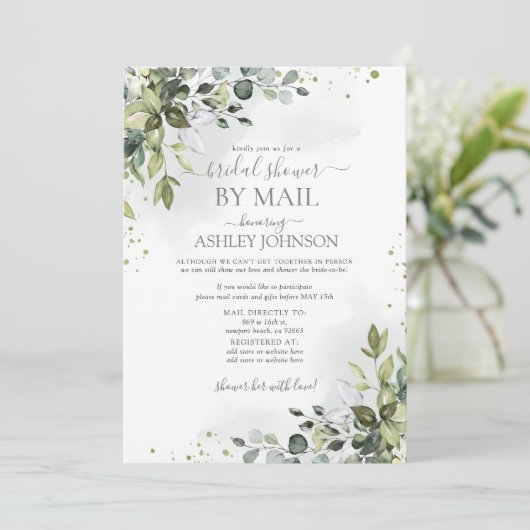 Dusty Blue Eucalyptus Script Virtual Brautparty Einladung (Stehend Vorderseite)