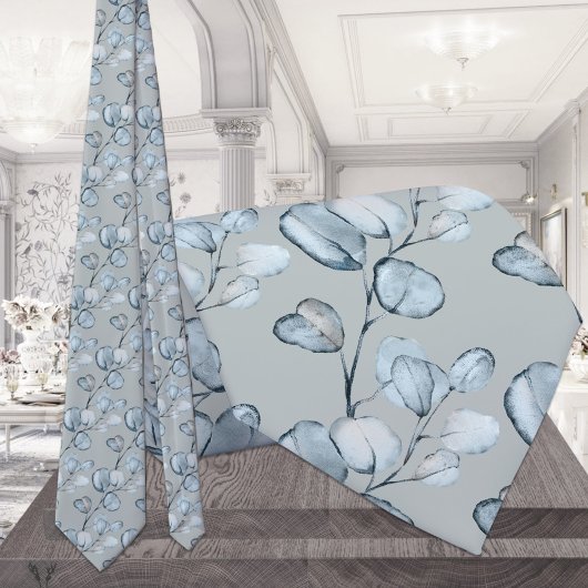 Dusty Blue Eucalyptus Sprigs Silver Sage Wedding Krawatte