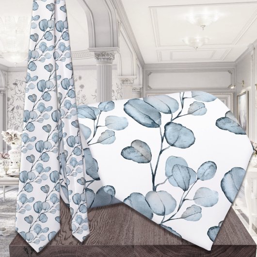 Dusty Blue Eucalyptus Sprigs White Wedding Krawatte