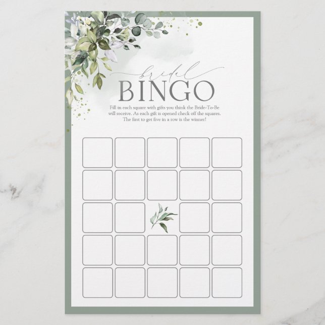 Dusty Blue Eucalyptus Watercolor Bridal Bingo Game (Vorderseite)