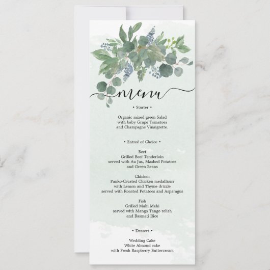 Dusty Blue Eucalyptus Wedding Menu Brautparty Einladung (Vorderseite)