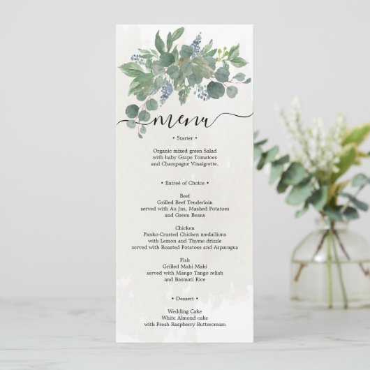 Dusty Blue Eucalyptus Wedding Menu Brautparty I Einladung (Stehend Vorderseite)
