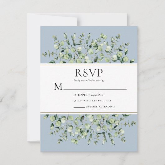 Dusty Blue Eucalyptus Wedding RSVP Karte (Vorderseite)