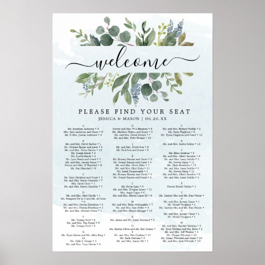Dusty Blue Eucalyptus Wedding Seating Chart Sign Poster (Vorne)